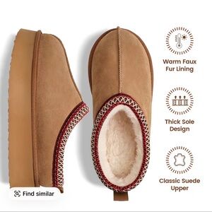 Cozy Suede Faux-Fur Lined Slip-On Slippers — Camel with Red Trim